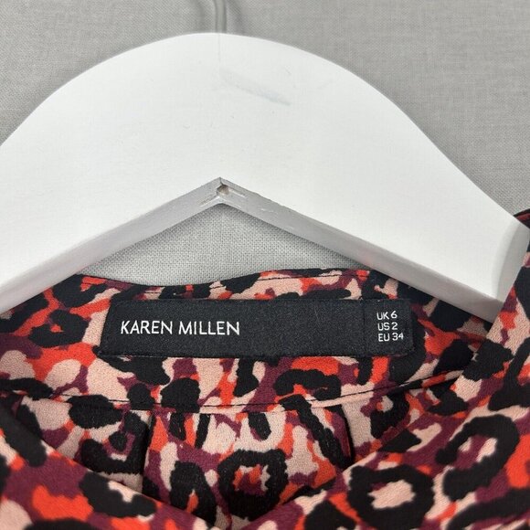 Karen Millen Womens Top 2 Red Leopard Button Blouse Cold Shoulder Bell Sleeve - Picture 5 of 13